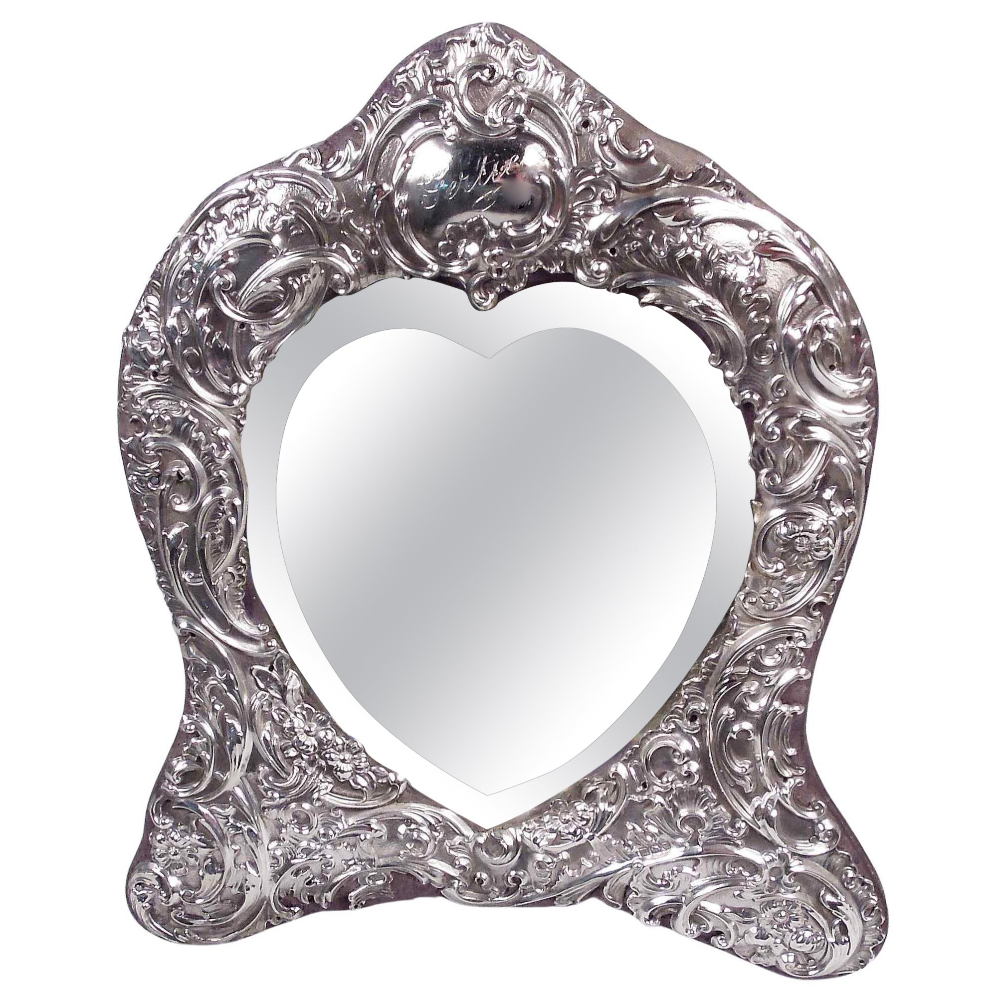 Comyns English Edwardian Rococo Sterling Silver Heart Mirror, 1907 For Sale