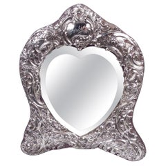Comyns English Edwardian Rococo Sterling Silver Heart Mirror, 1907