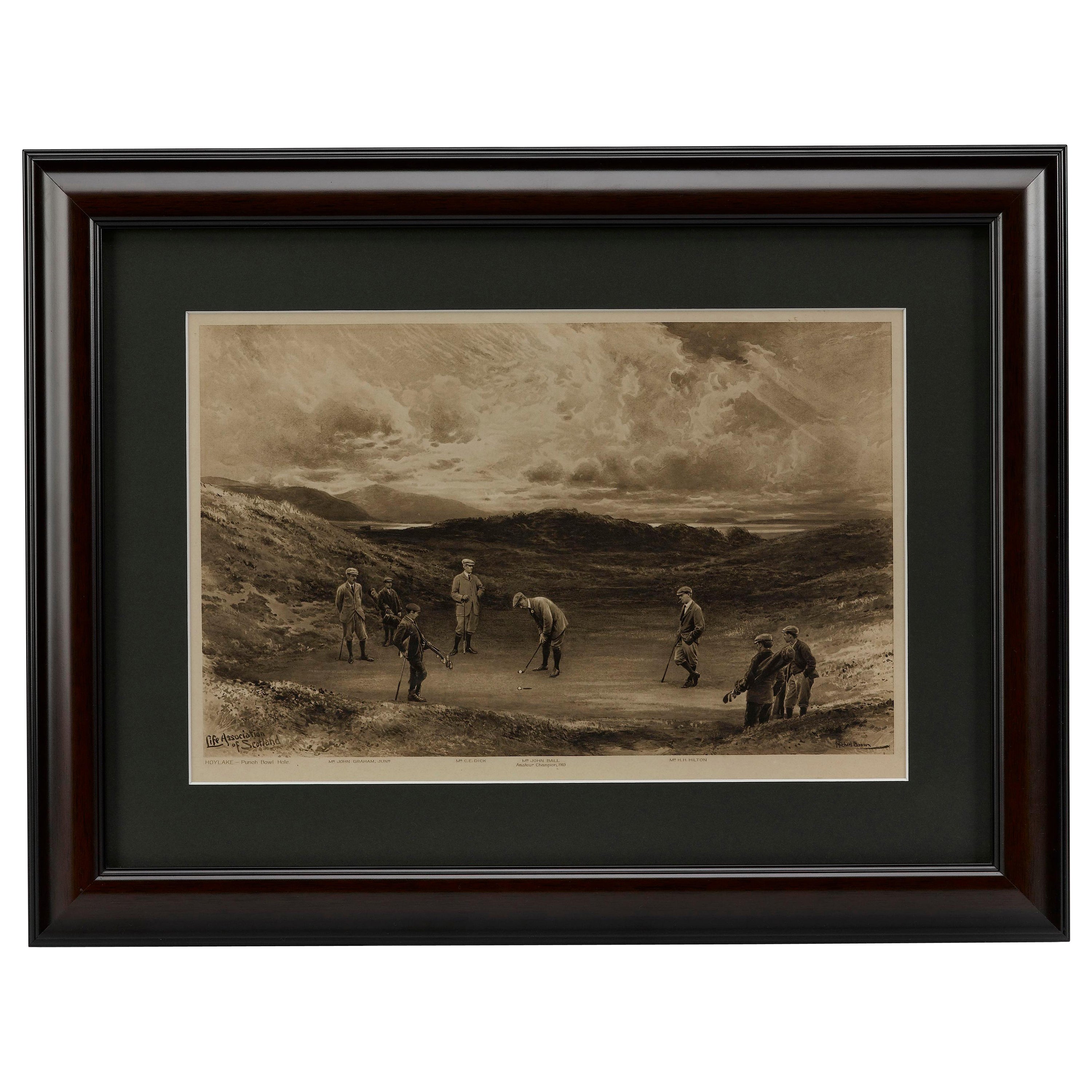 "Hoylake - Punch Bowl Hole" by James Michael Brown, Antique Golf Print, 1911 For Sale