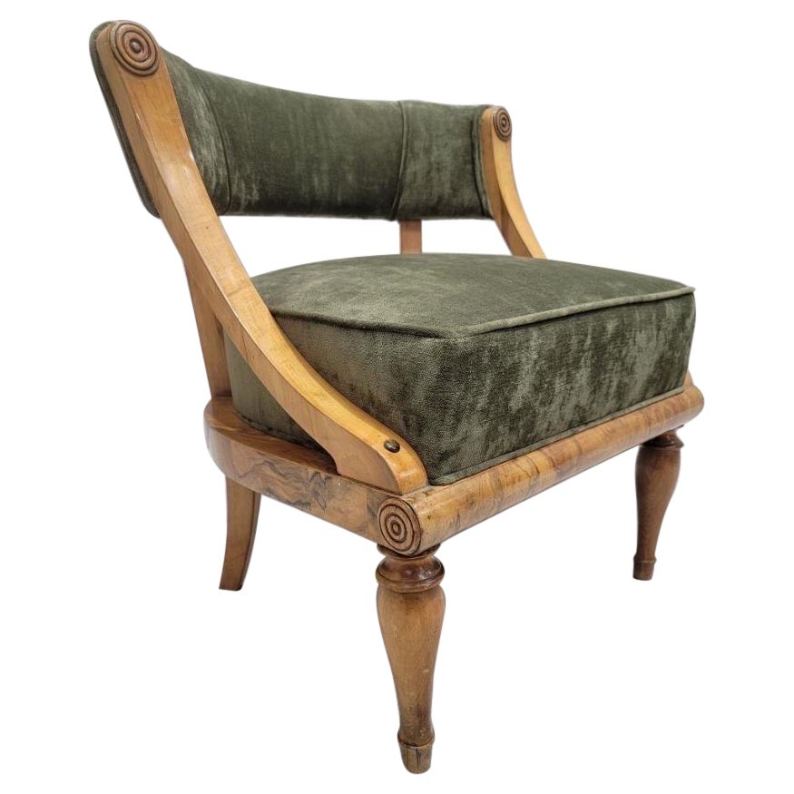 Antique Austrian Biedermeier Burled Accent Chair in Green Velvet Chenille