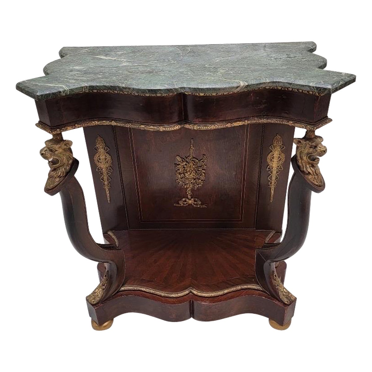 Antique French Empire Lion’s Head Ormolu Serpentine Console Table w/ Marble Top For Sale