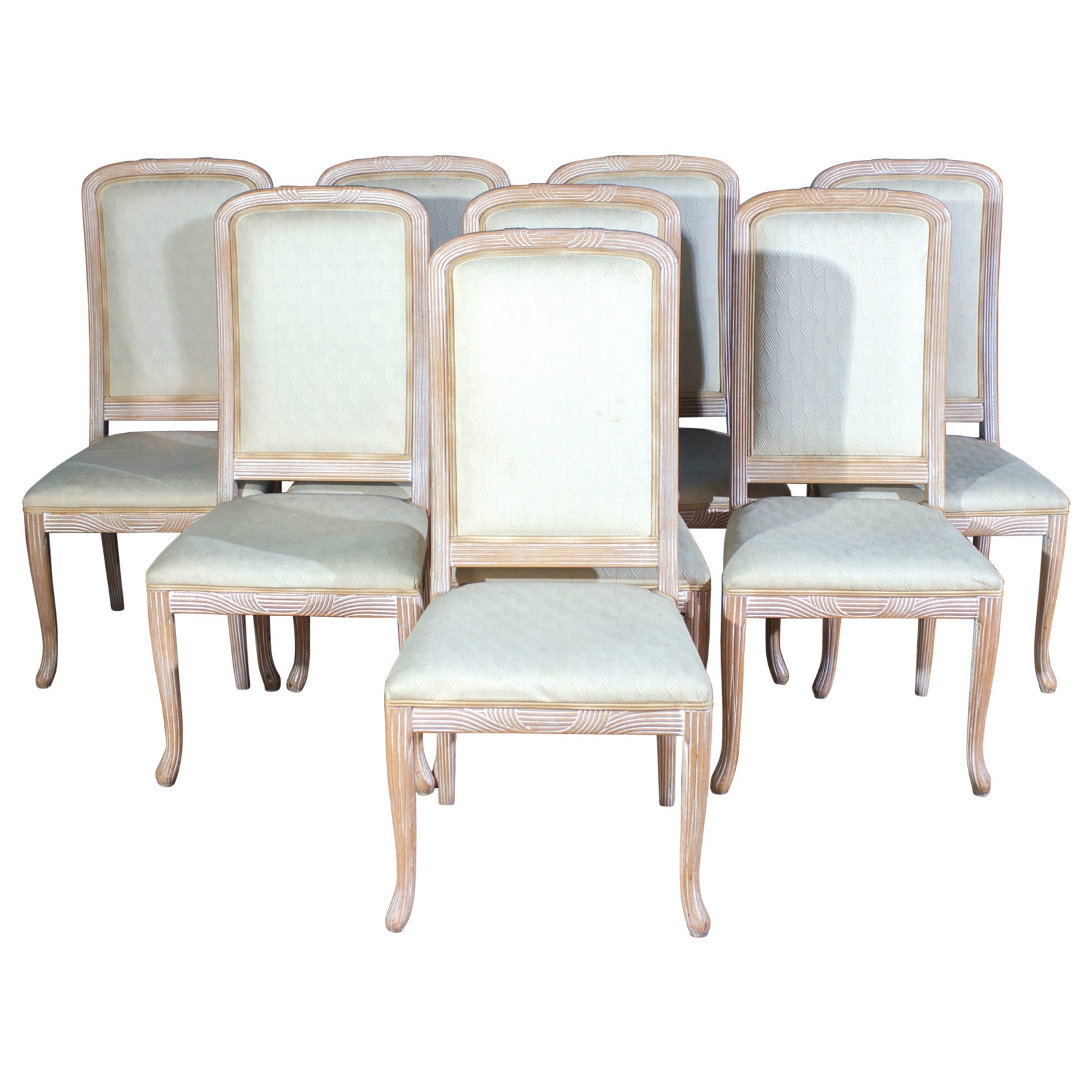 Fine Set of 8 Italian White Decapé Wood Chairs, 1970s For Sale