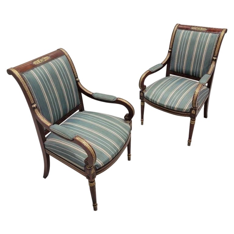 Antique French Empire Mahogany and Gilt Bronze Mounted Armchairs - Pair For Sale