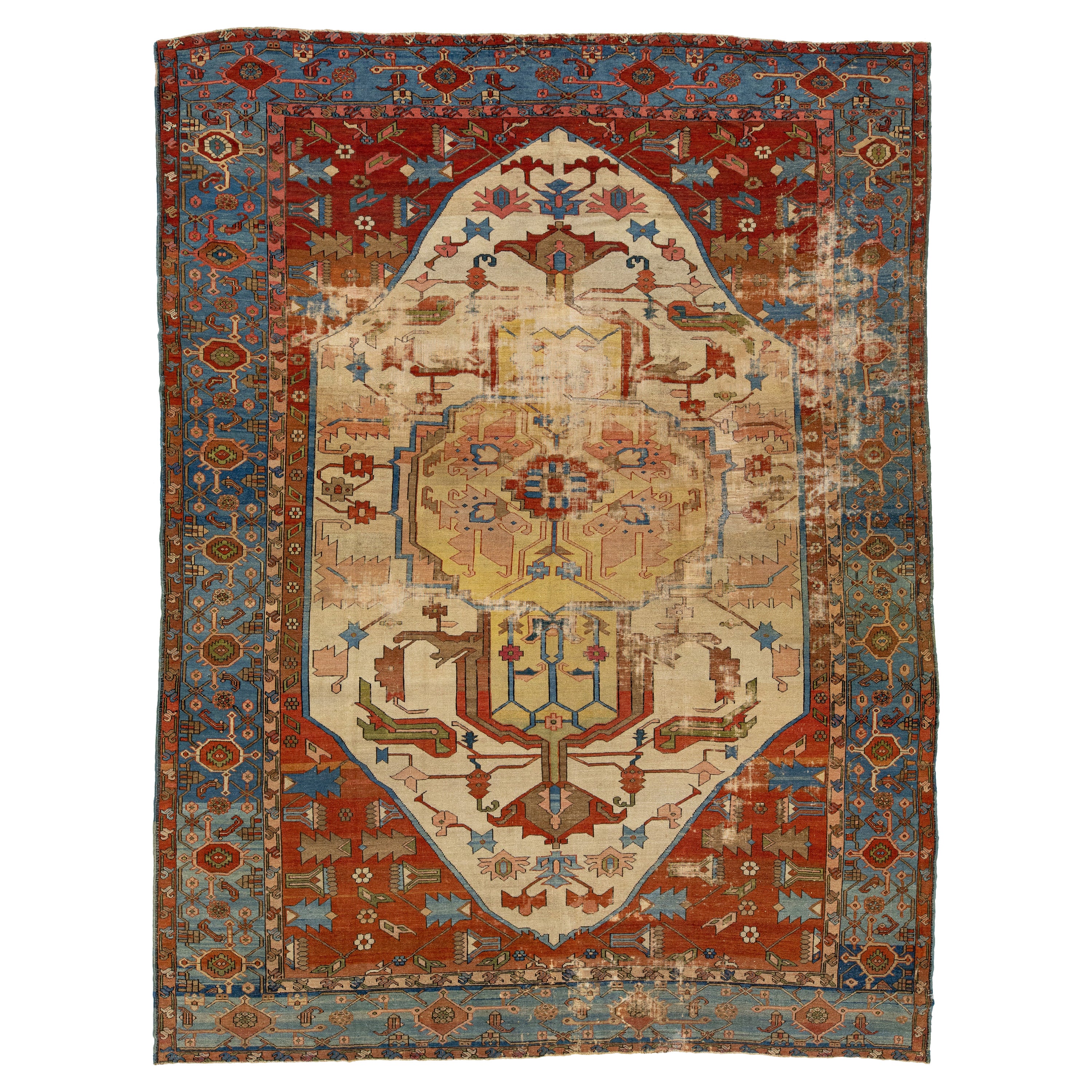 1890s Multicolor Antique Wool Rug Persian Serapi Featuring a Medallion Design 