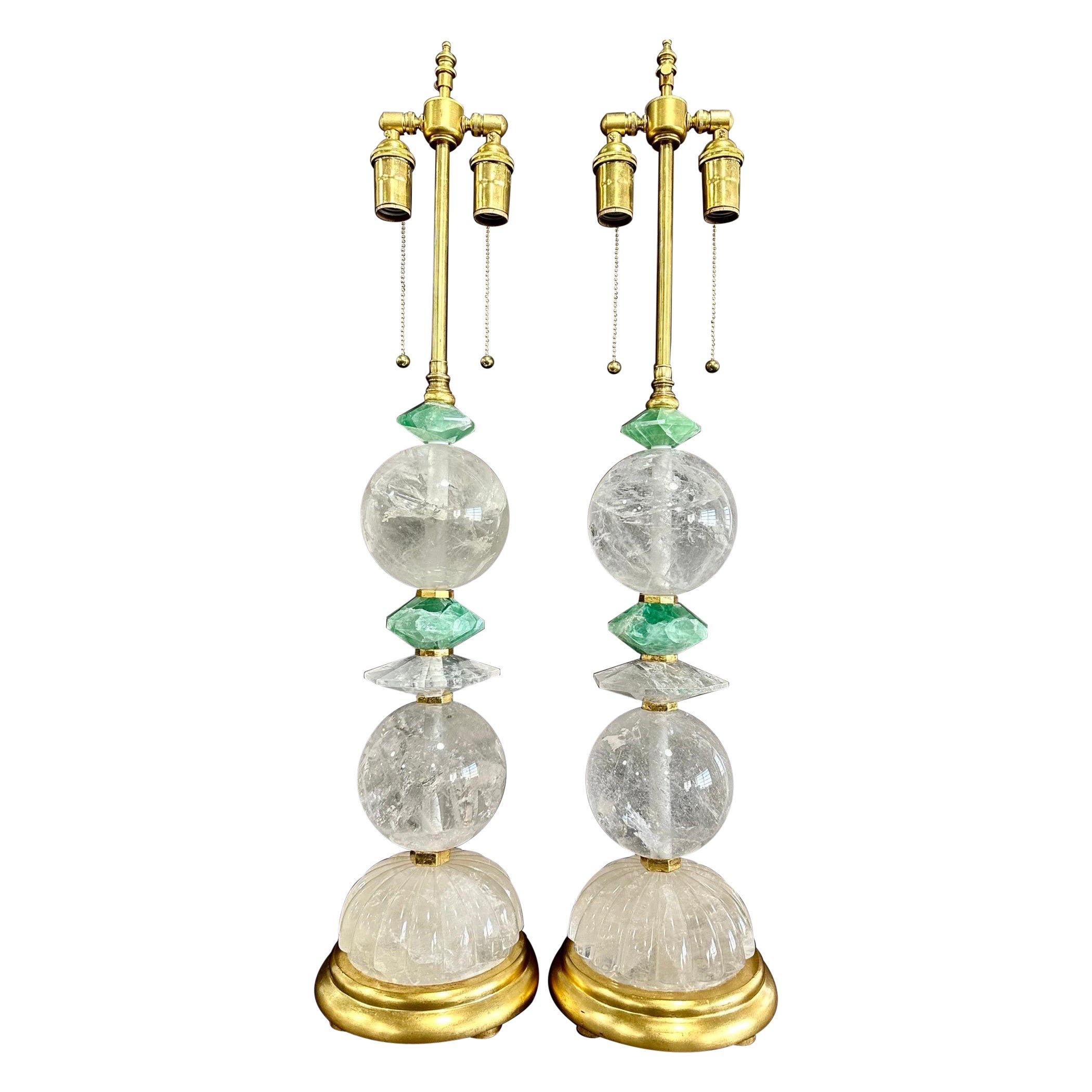 Wonderful Pair Mid Century Modern Style Rock Crystal Green Quartz Gold Lamps For Sale