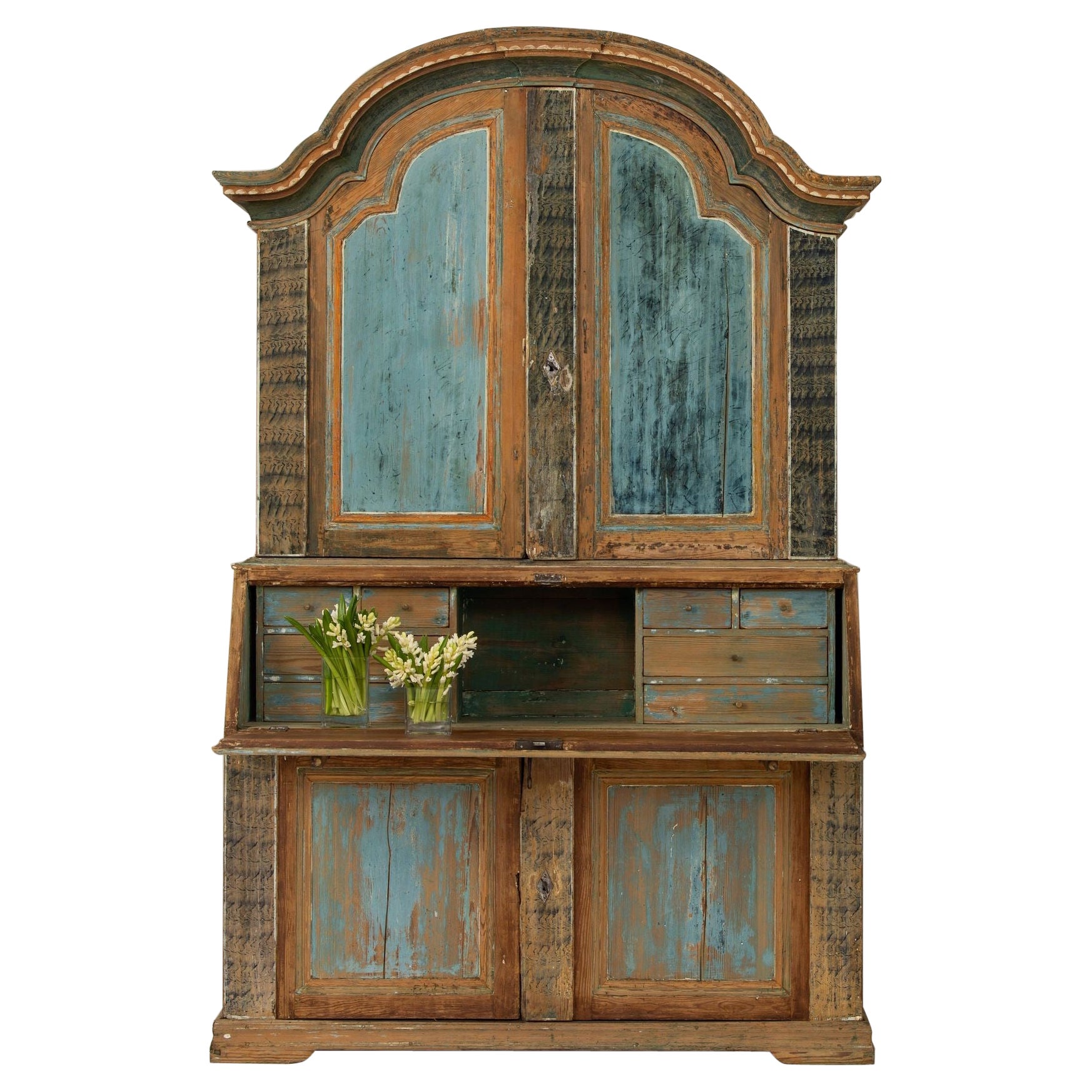 19th c. Swedish Rococo Secretary with Library in Original Blue Paint