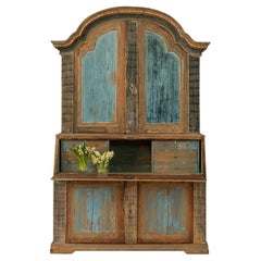 Antique 19th c. Swedish Rococo Secretary with Library in Original Blue Paint