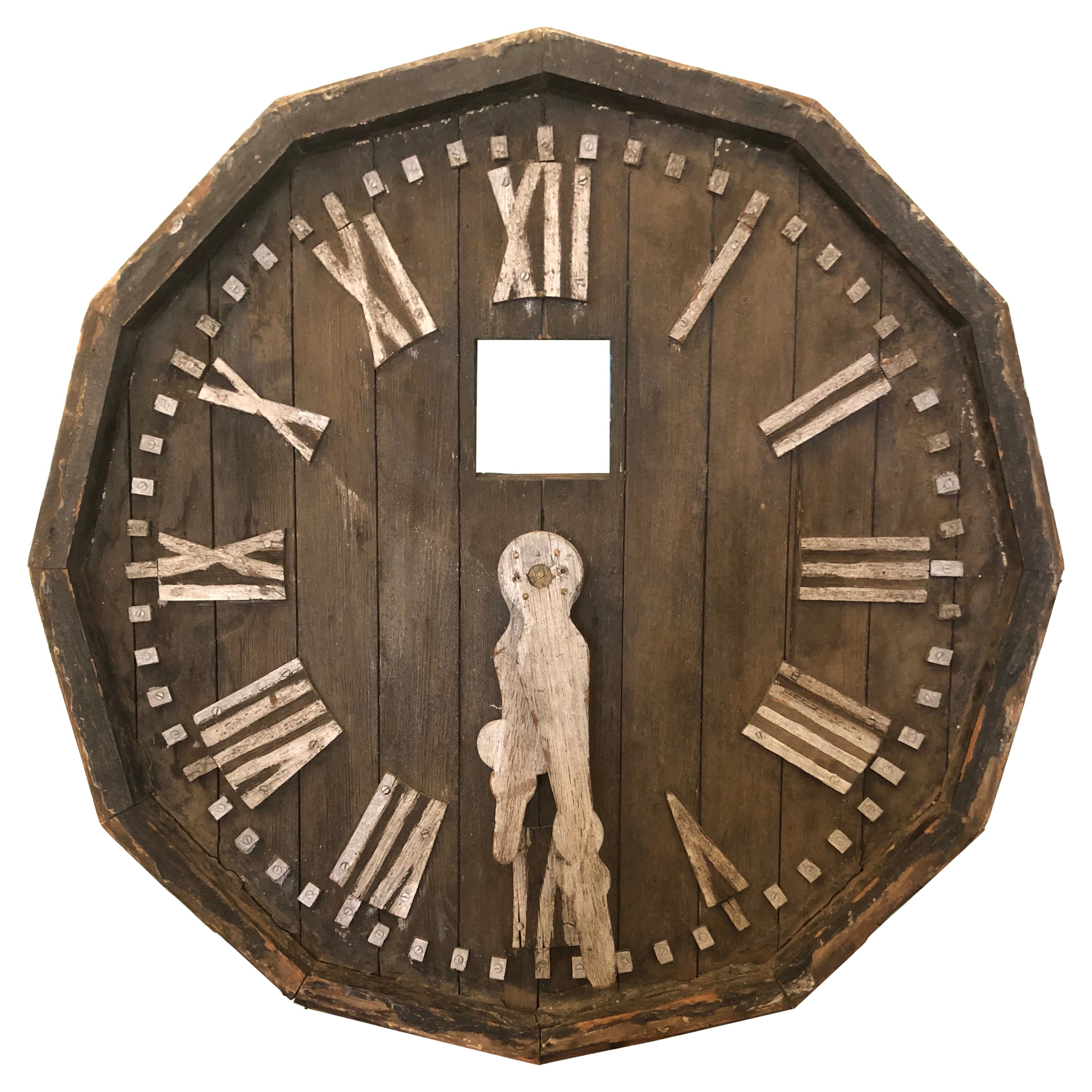 Huge Antique Distressed Reclaimed Wood Architectural Fragment Clock Face For Sale