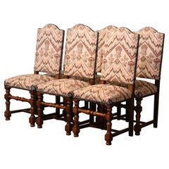 Retro Set of Six Mid-Century French Louis XIII Carved Walnut Turned Legs Side Chairs 