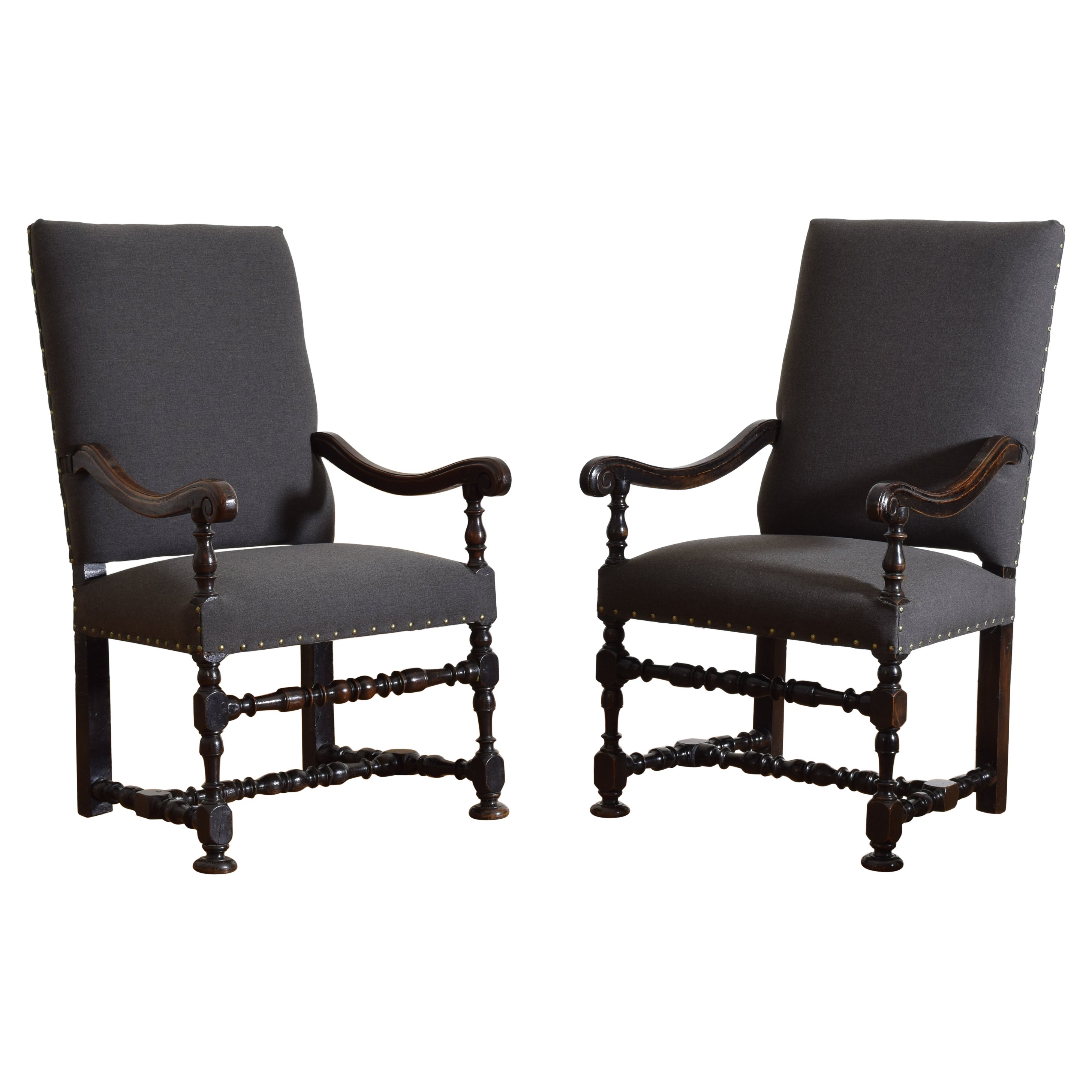 Pair of Italian Louis XIV Period Dark Walnut & Upholstered Poltrone, ca. 1700 For Sale