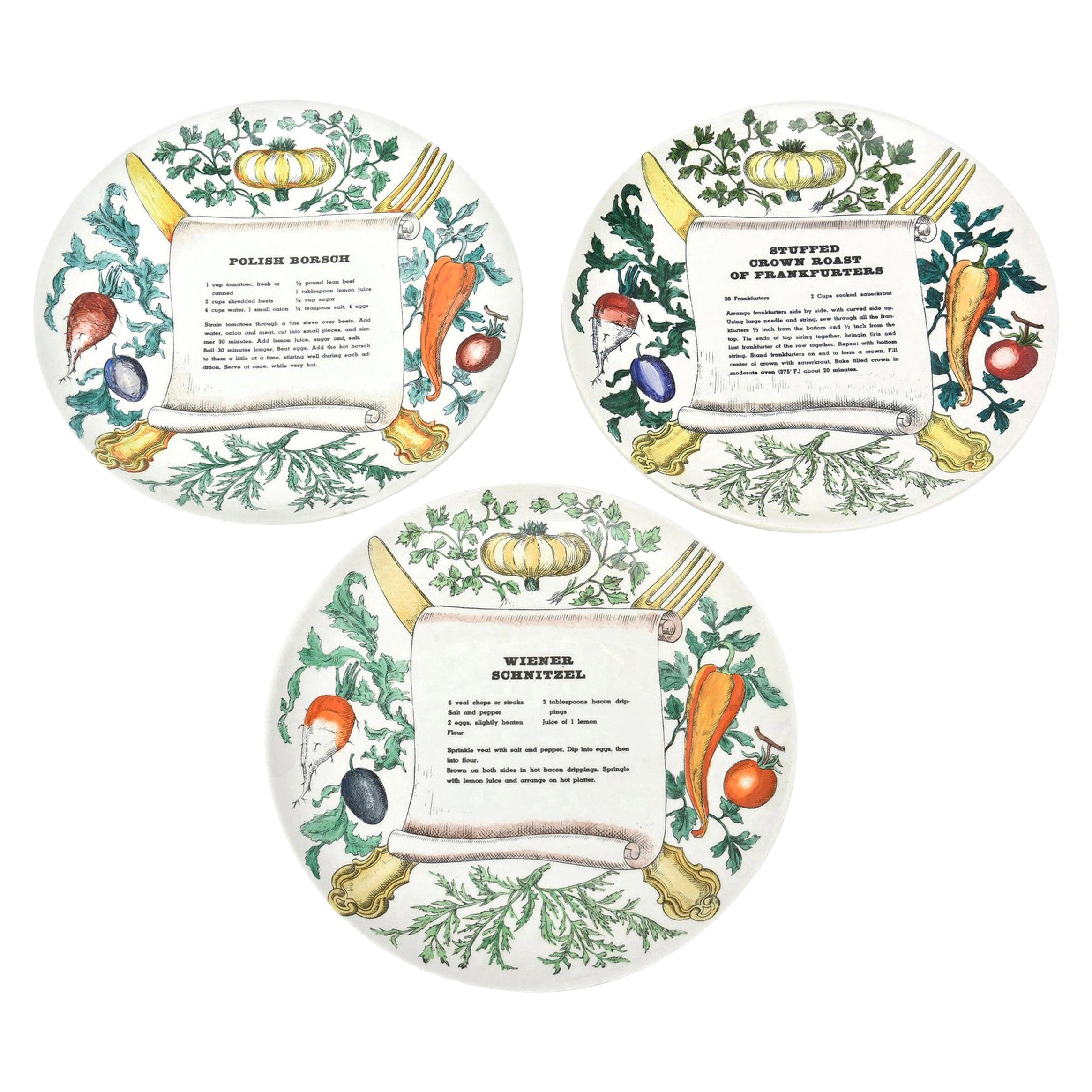 Lote de tres platos "Receta" de porcelana vintage Piero Fornasetti