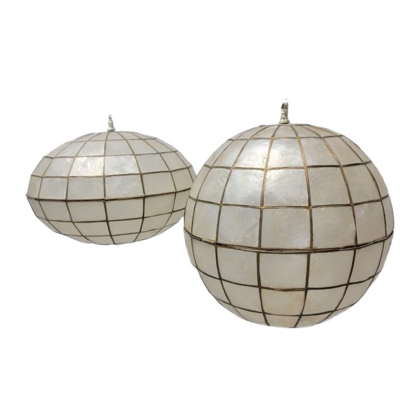 Vintage Modern Capiz Shell & Brass Hanging Pendant Lights - Set of 2 For Sale