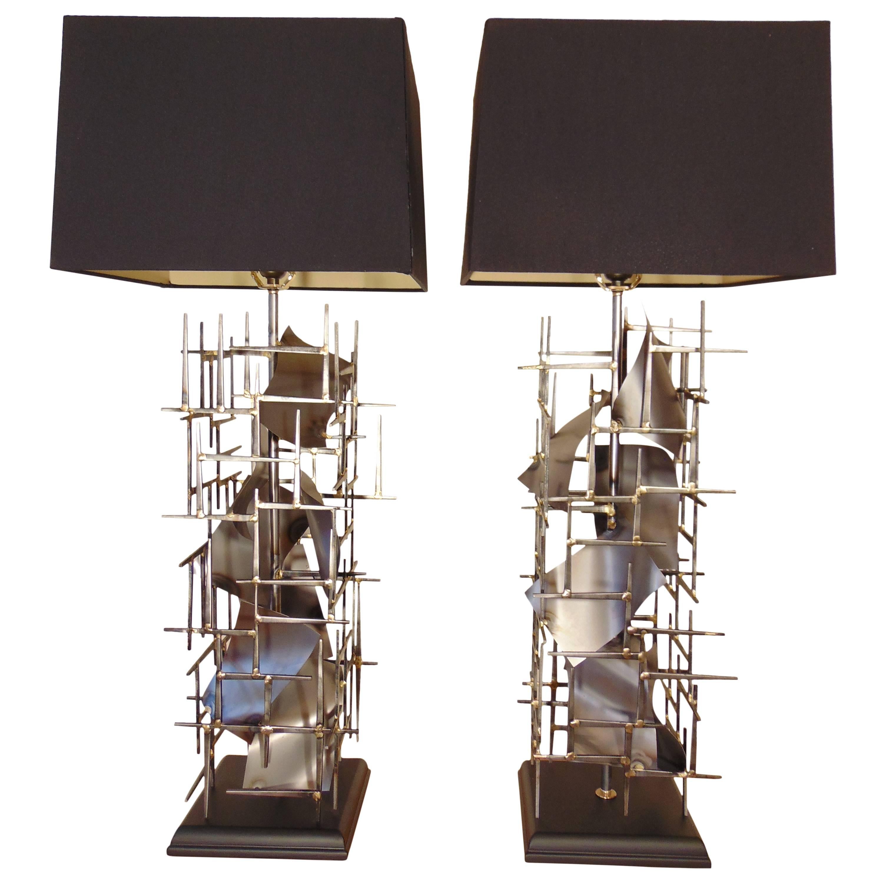 Pr of Brutalist Table Lamps hand made In steel, in the USA, by: Lou Blass,  For Sale