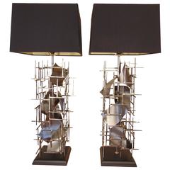 Pair of Custom Brutalist Table Lamps In steel by: Lou Blass 7