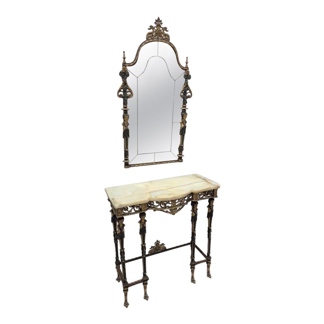 Antique Oscar Bach Style Ornate Bronze Onyx Console w/ Beveled Mirror - Set of 2