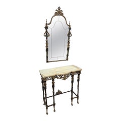 Ancienne console en bronze onyx ornée de style Oscar Bach avec miroir biseauté - Lot de 2