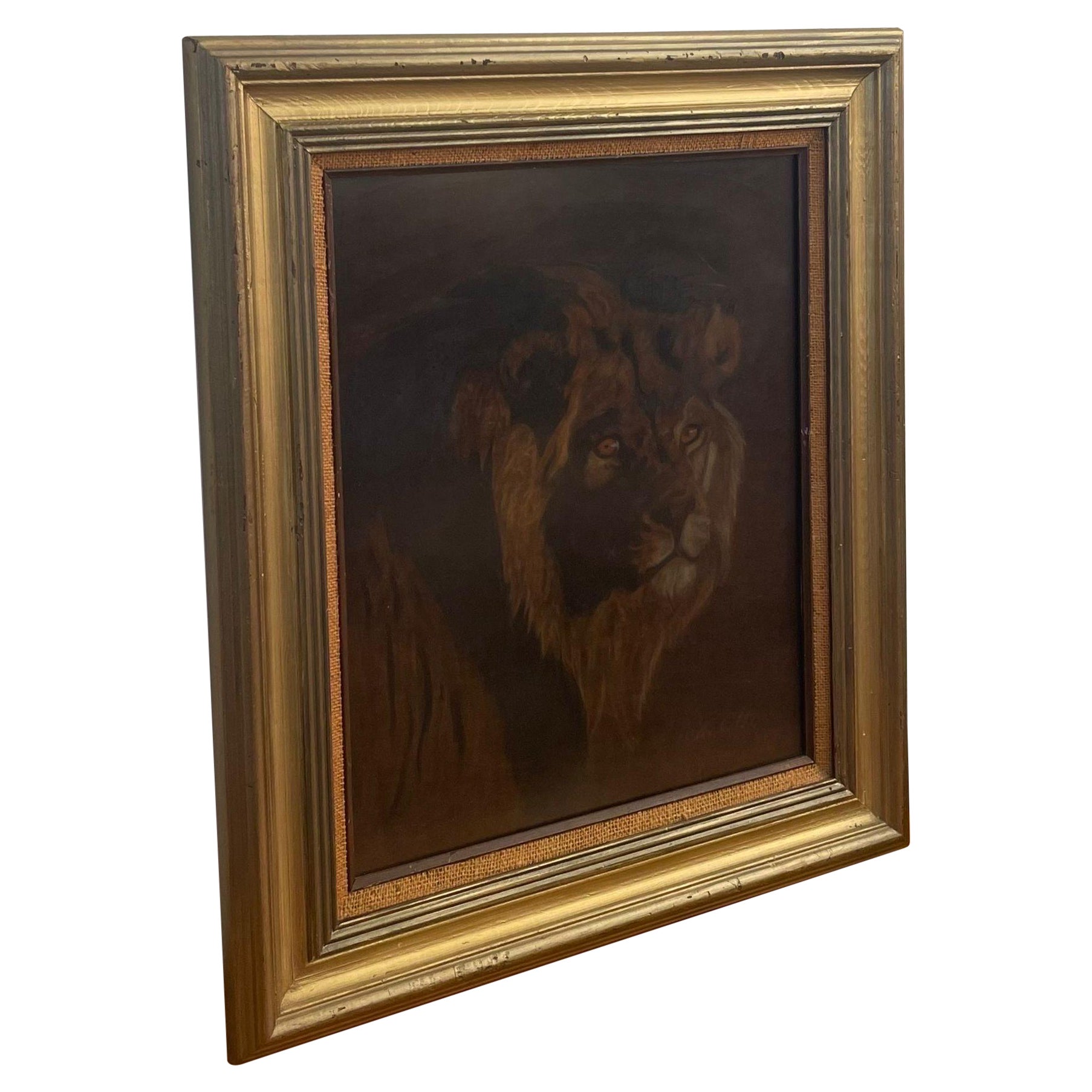 Peinture originale vintage de Judi Otto représentant un lion sur velours Brown. en vente