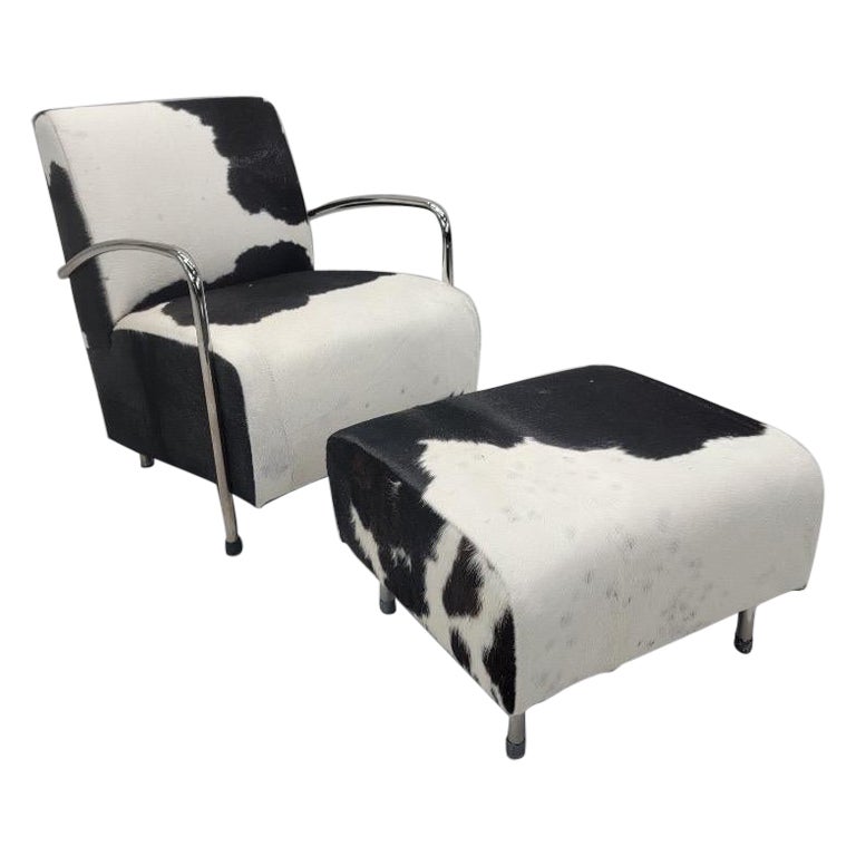 Art Deco Chrome Bar Lounge & Ottoman Set Newly Upholstered in Hair-On Cowhide For Sale