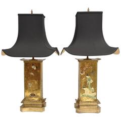 Gold Leaves  Glass Pair  of  Aesthetic Movement Table Lamps