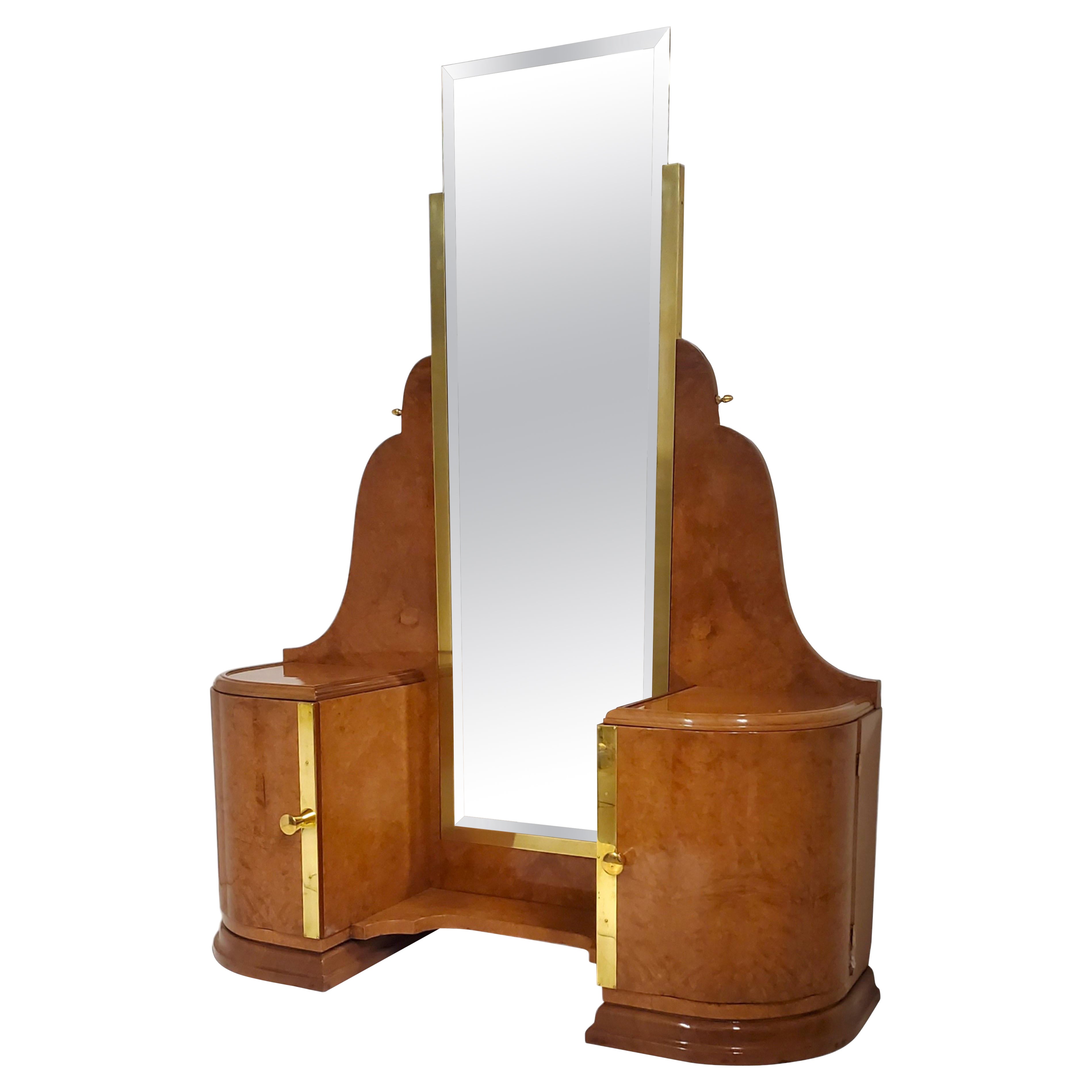 Fine French Art Deco amboyna vanity/ dressing table w/ brass trim For Sale
