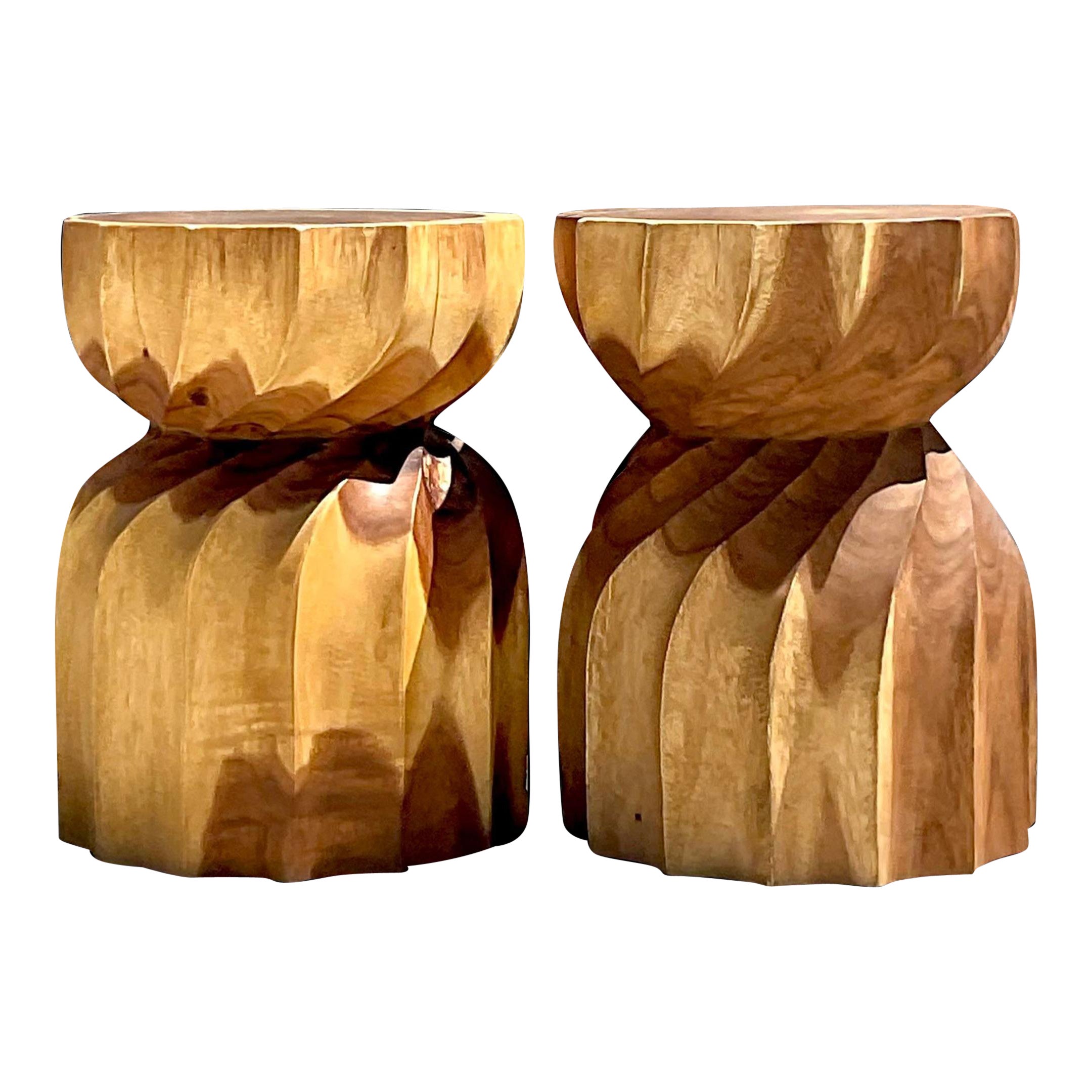 Vintage Boho Twisted Stump Low Stools - a Pair For Sale