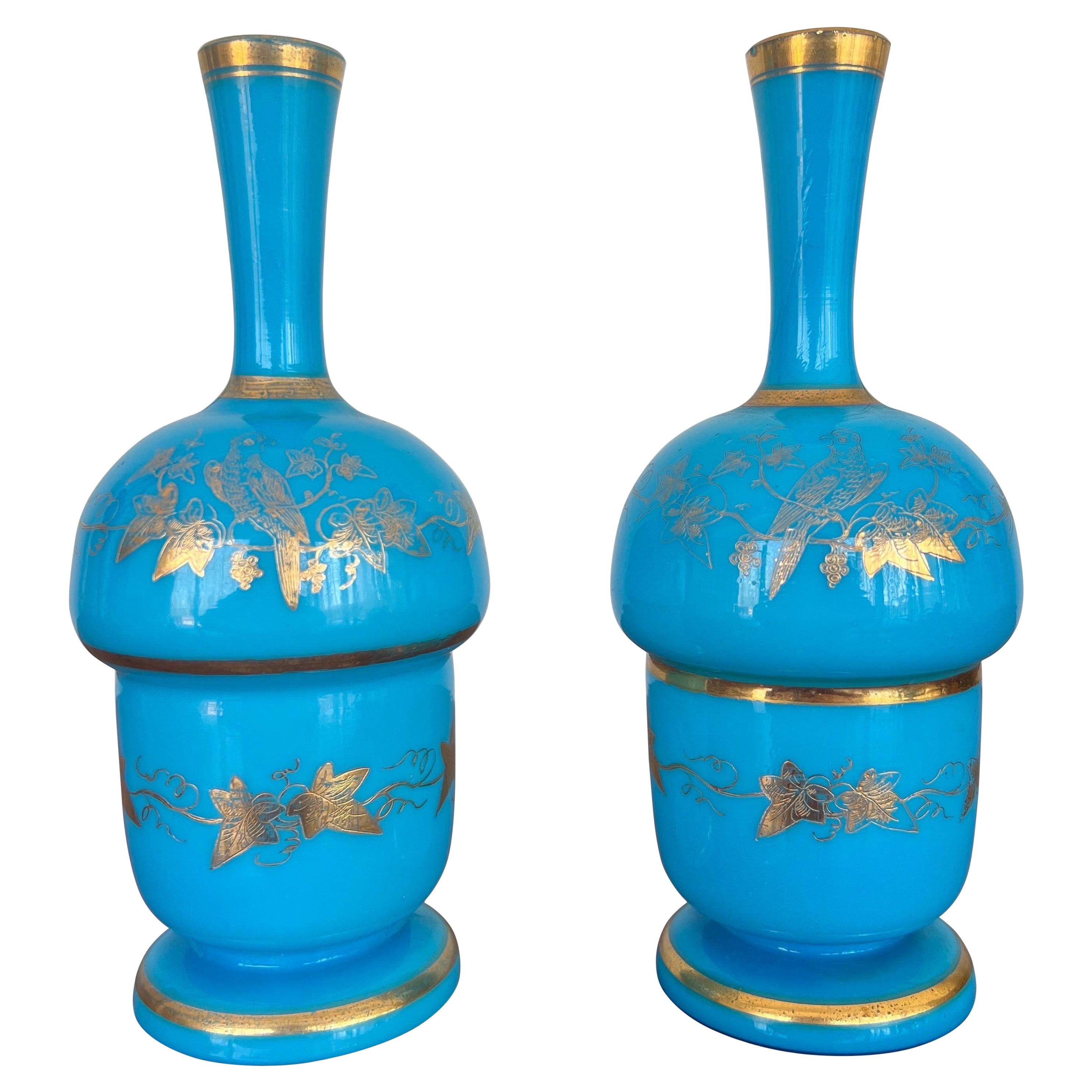 Pair, French Opaline & Gilt Decorated Vases For Sale