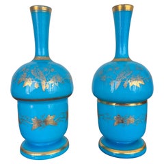 Antique Pair, French Opaline & Gilt Decorated Vases