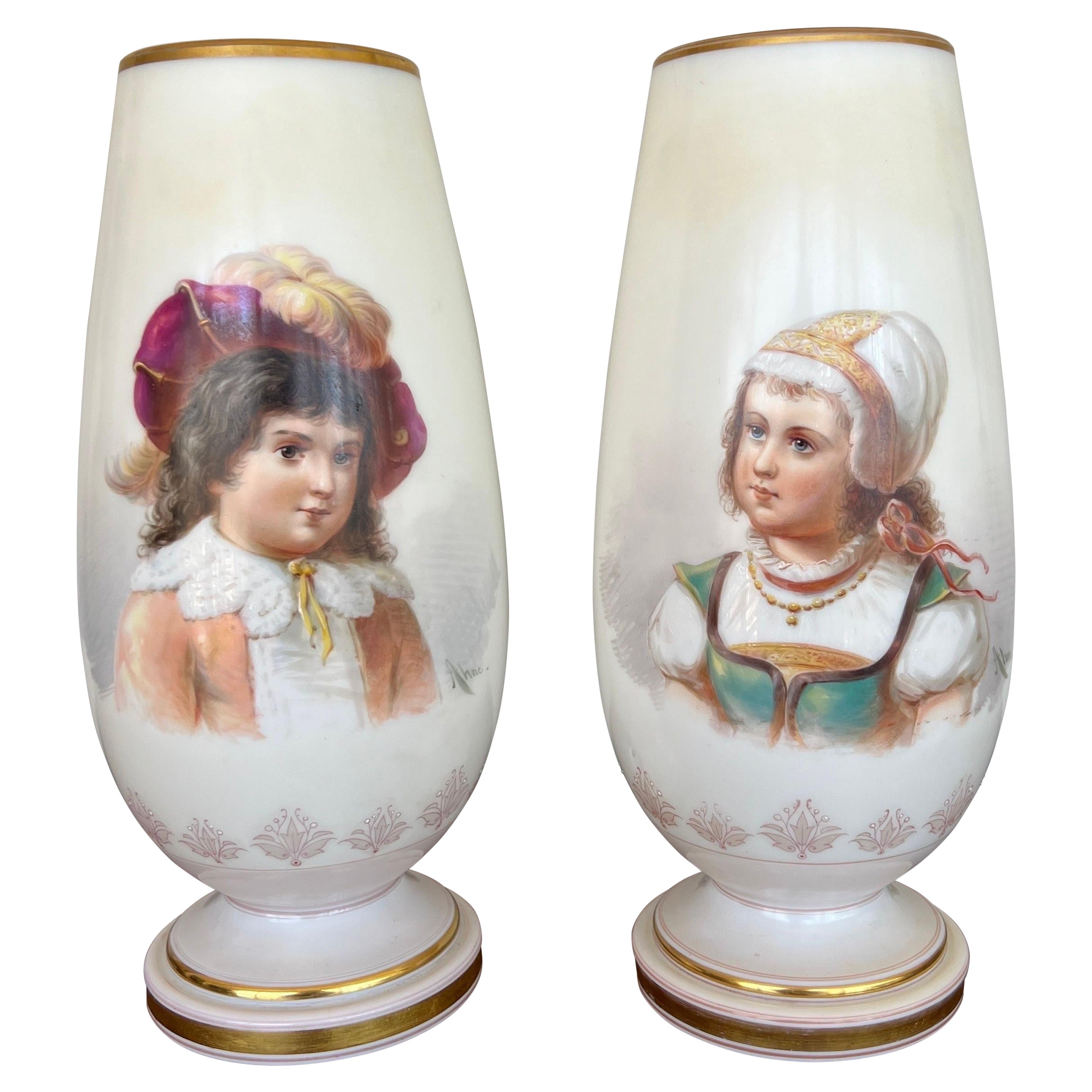 Pair, Antique Baccarat School Opaline Portrait Vases Hand Painted by Josef Ahne For Sale