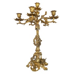 Antique Large Scale Gilt Bronze 6-Light Candelabra W/ Fox & Dog Hunting Scene