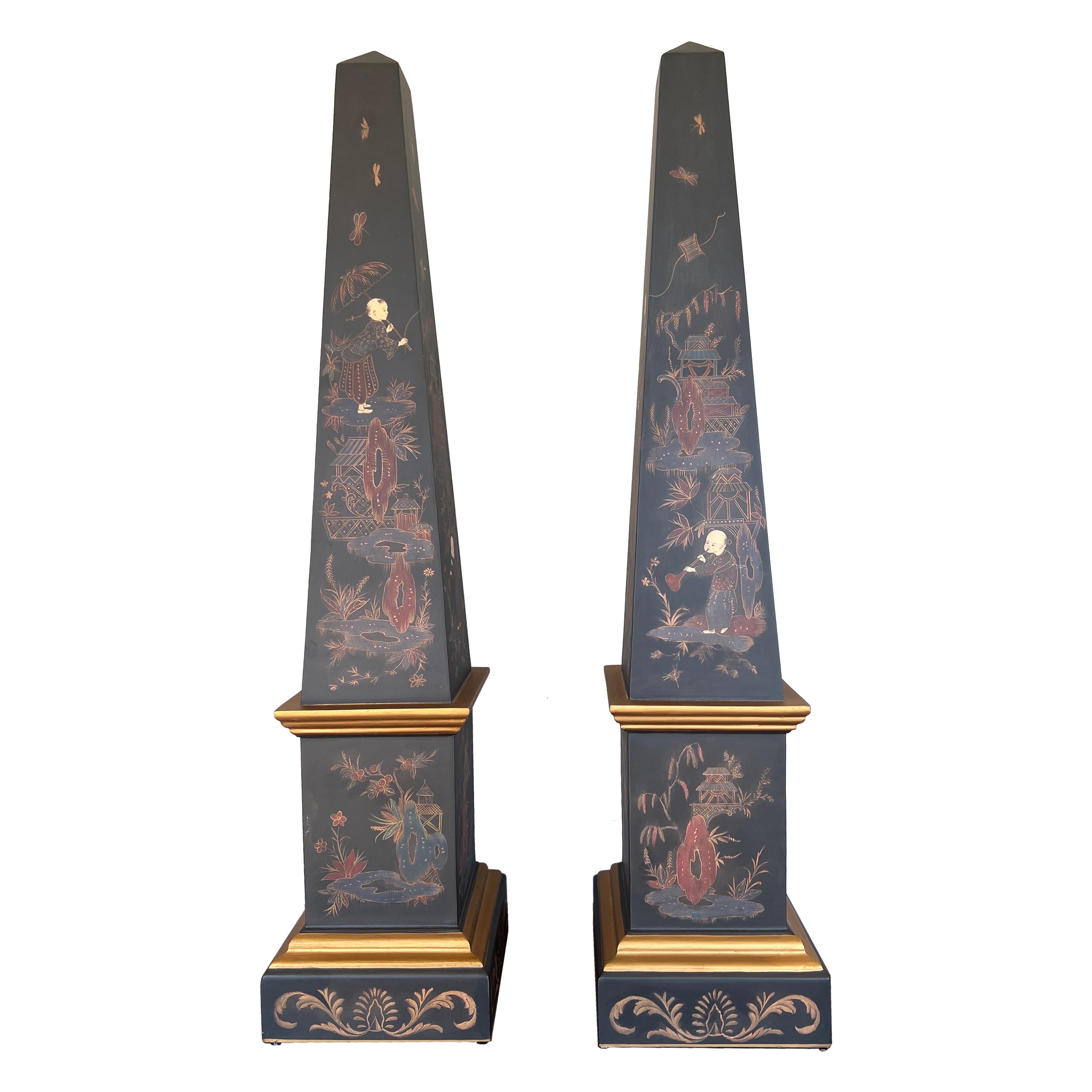 Pair, Vintage Chinoiserie & Partial Gilt Wood Decorated Obelisks