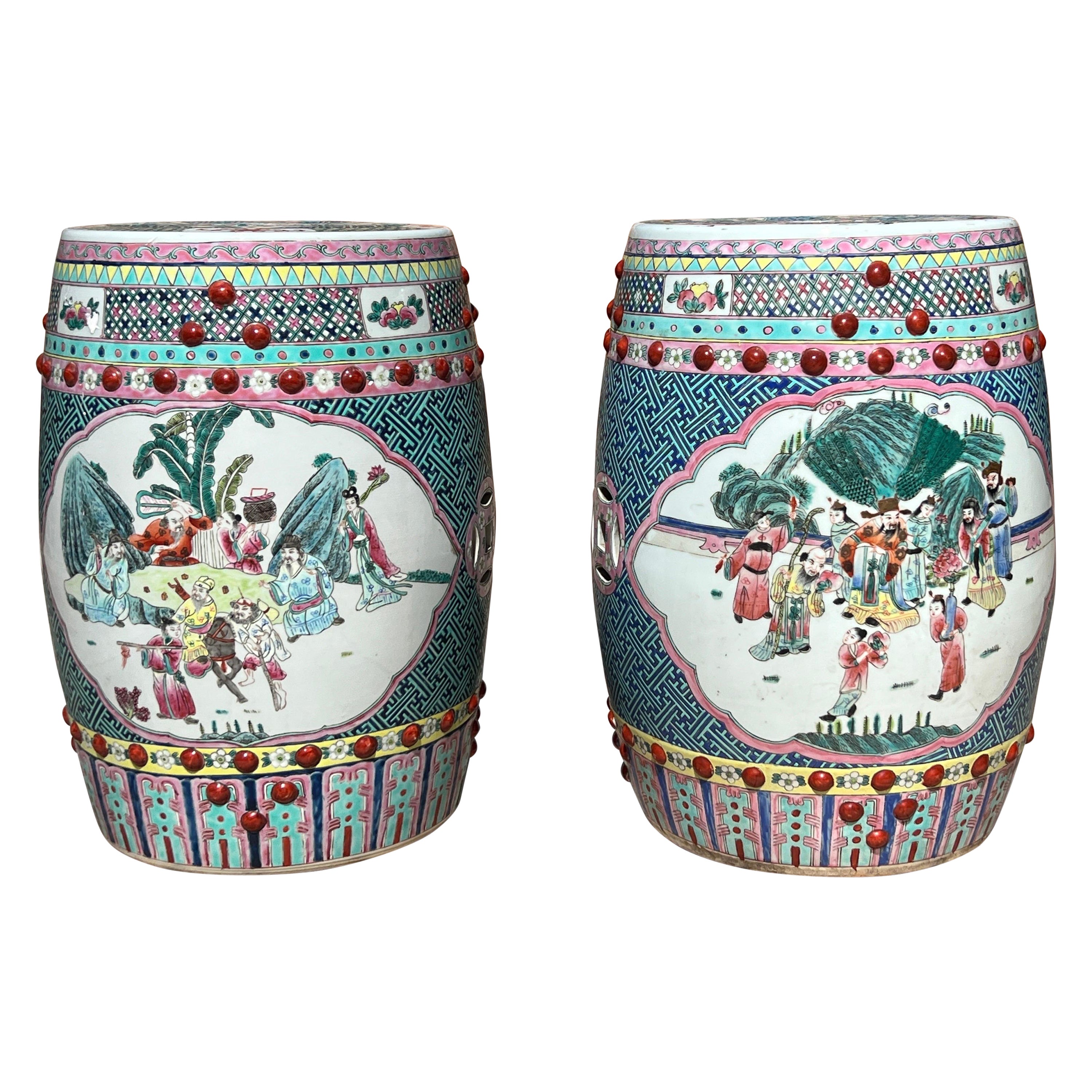 Pair, Chinese Famille Rose Enamel Decorated Porcelain Garden Stool For Sale