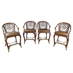 4 tabourets de bar modernes de Bohème Maitland Smith faux bambou laiton et cuir