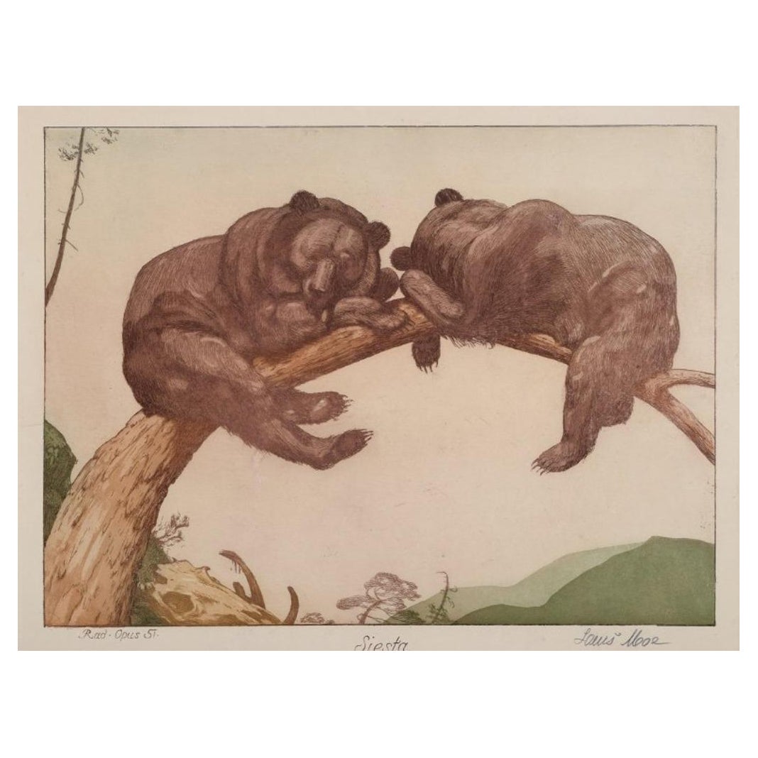 Louis Moe, well listed Norwegian artist. Etching on paper. Two resting bears. For Sale