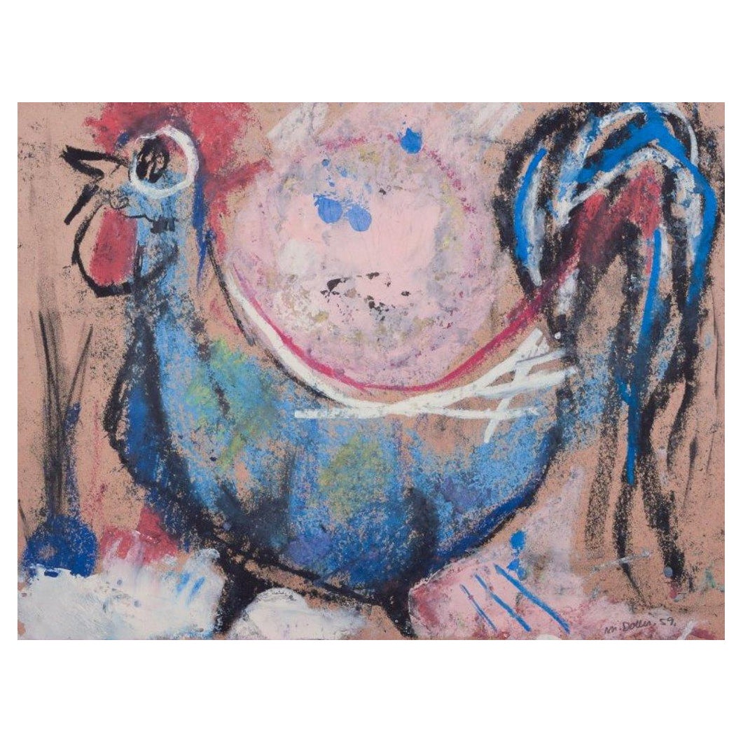 Mette Doller (b. 1925), Danish artist. Mixed media on paper. Rooster. Dated 1959 For Sale