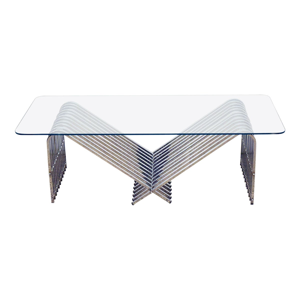 Coffee table in chromed metal and crystal, 1970s For Sale