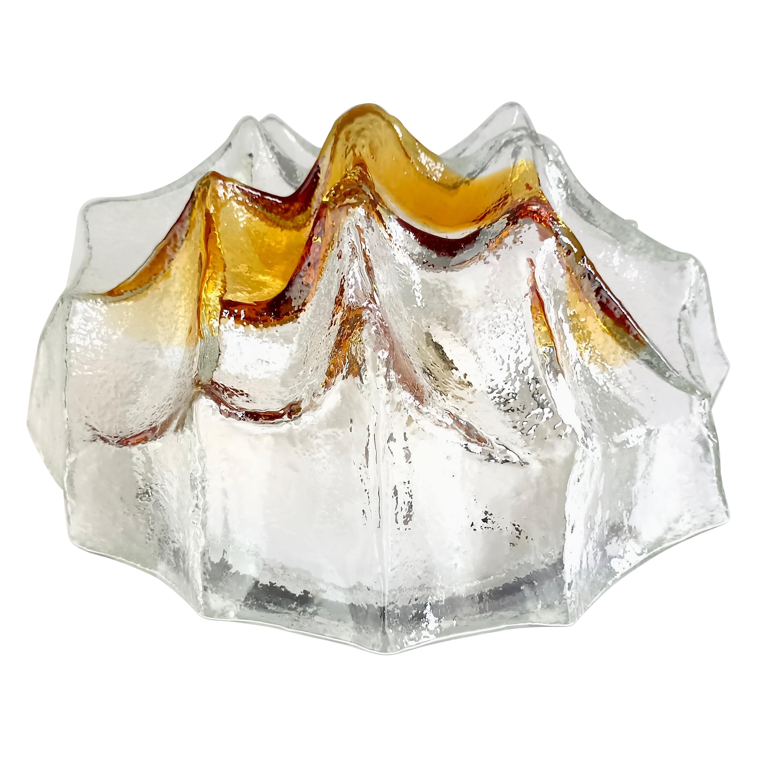 Mazzega Murano 1960s one-light flush-mount or wall lamp, clear and orange glass.