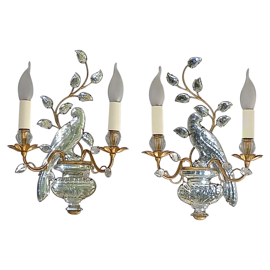 Fine Pair French Maison Bagues Parakeet Sconces Gilt Metal Crystal Glass, 1950s For Sale