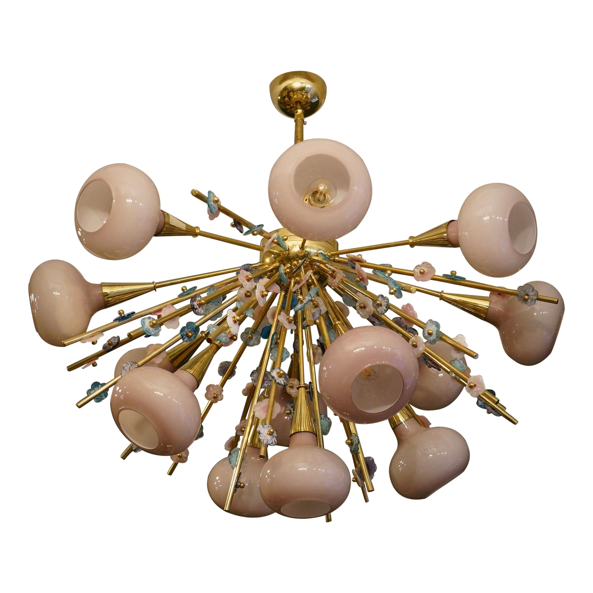 Murano Art Glass and Brass Pink Color Chandelier and Pendant, 1990 For Sale