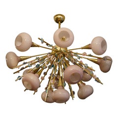 Vintage Murano Art Glass and Brass Pink Color Chandelier and Pendant, 1990