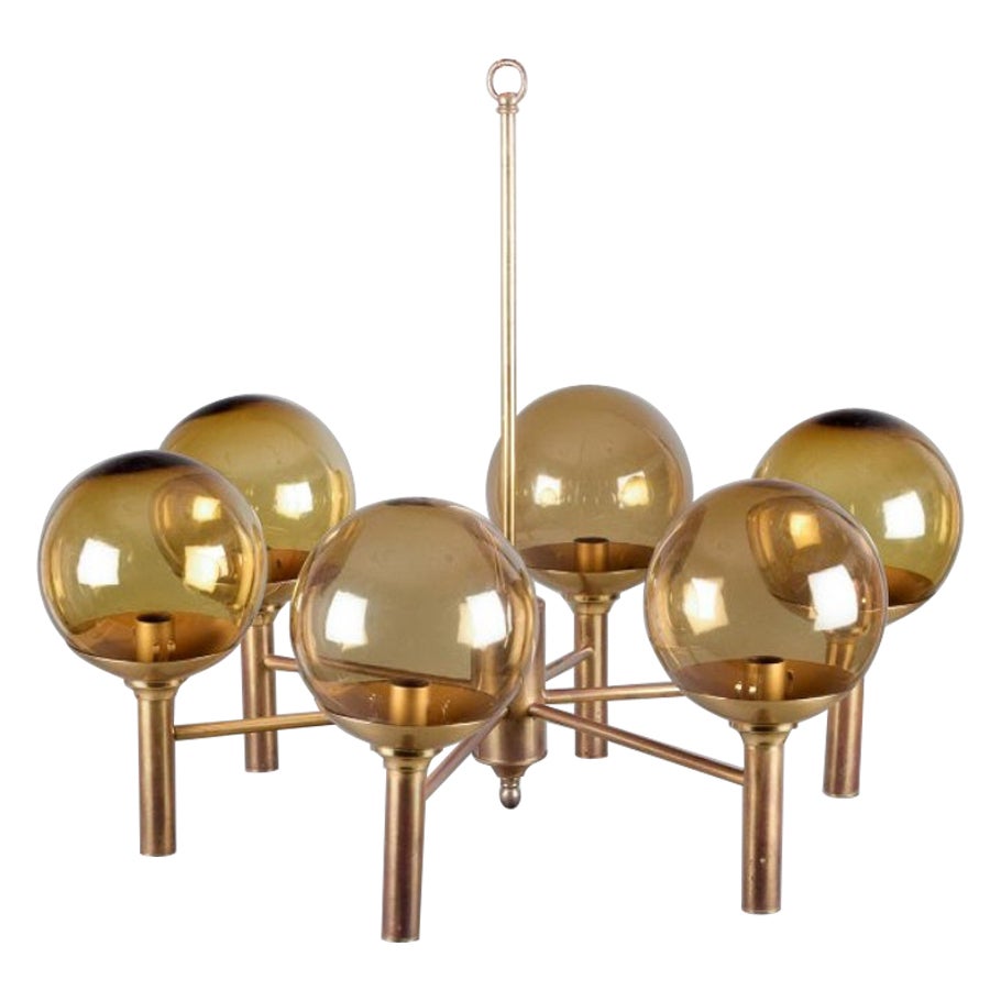 Sv. Mejlstrøm, Danish designer. Brass chandelier with glass shades. For Sale