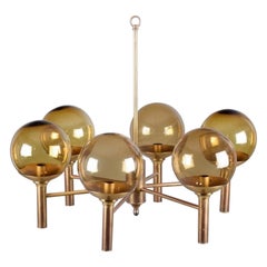 Vintage Sv. Mejlstrøm, Danish designer. Brass chandelier with glass shades.