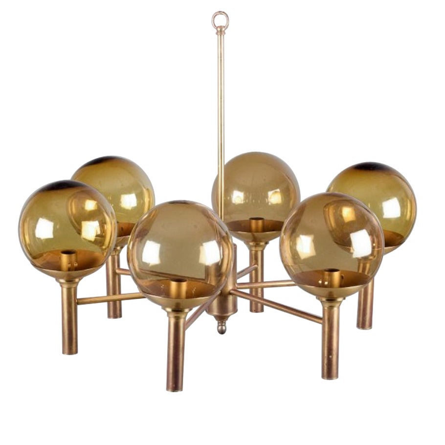 Sv. Mejlstrøm, Danish designer. Brass chandelier with glass shades. Mid-20th C.