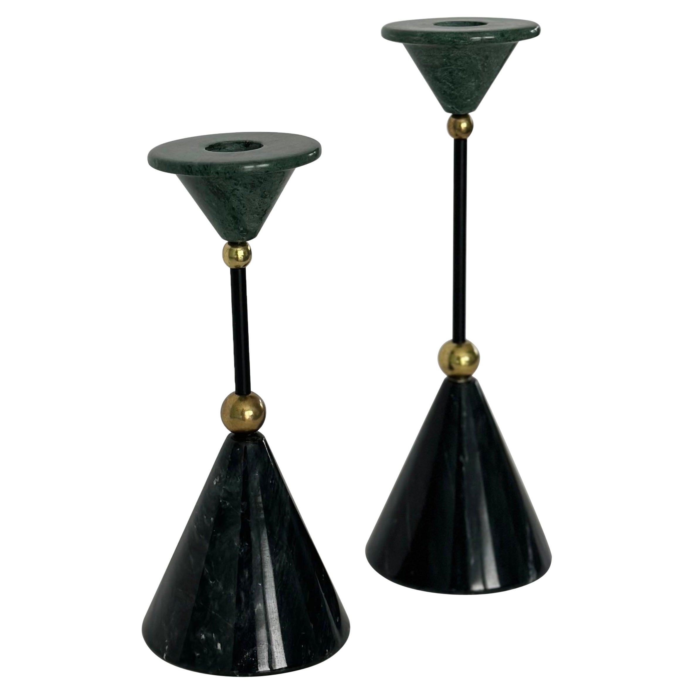 1980s Avant-Garde Black and Green Marble Stone Brass Cones Candlesticks - a Pair For Sale