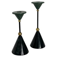 1980s Avant-Garde Black and Green Marble Stone Brass Cones Candlesticks - a Pair