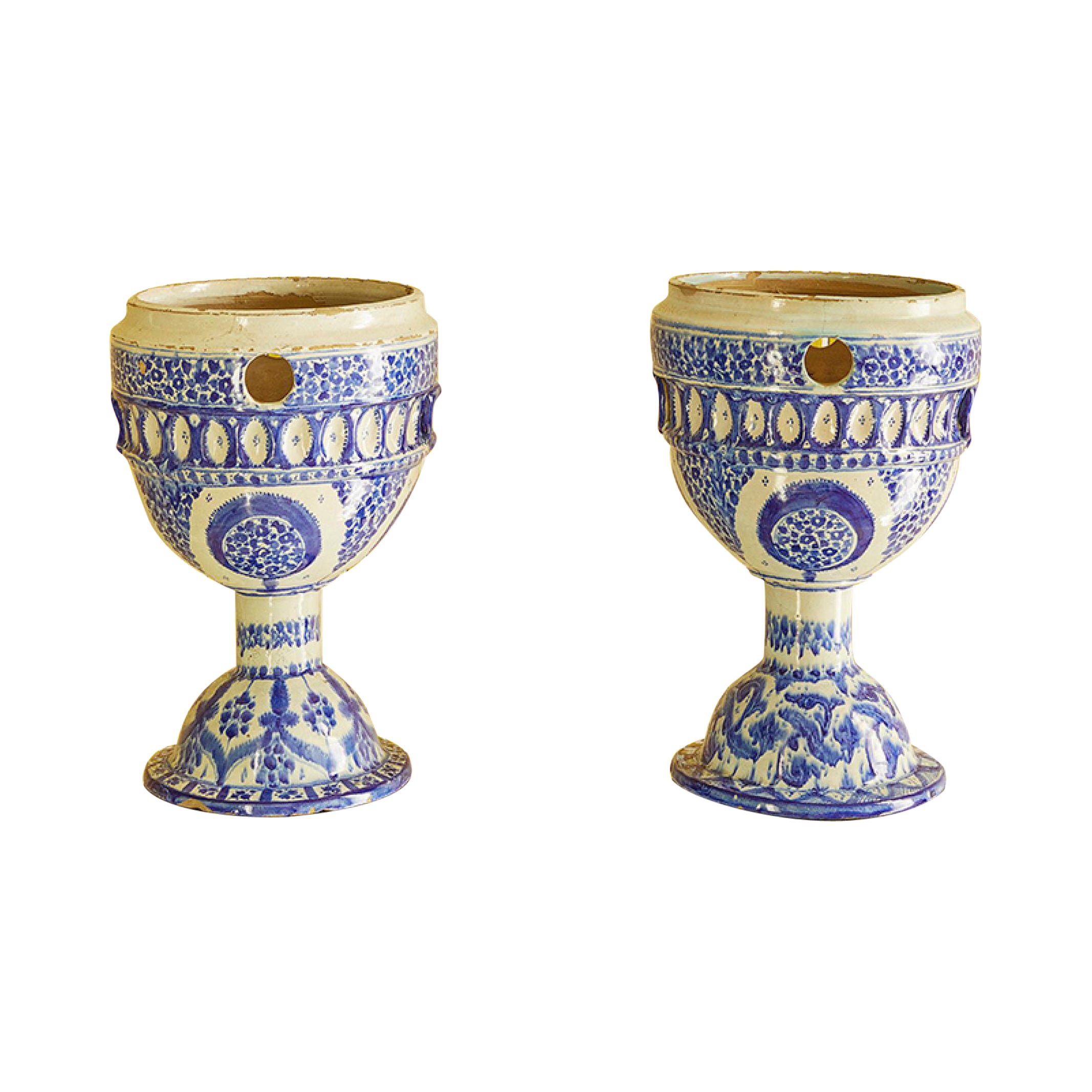 Vintage Pair of Blue Decorated Flowers Pots on Tall Bases, Europe, 20th Century For Sale