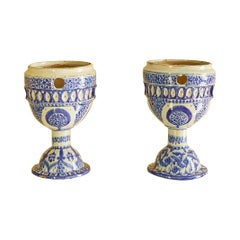 Vintage Pair of Blue Decorated Flowers Pots on Tall Bases, Europe, 20th Century