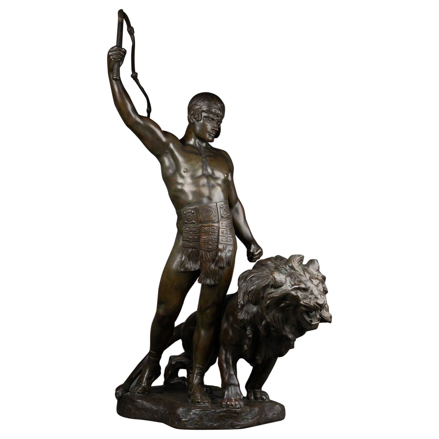 Jean Verschneider : "Gladiator leading a lion", Bronze sculpture, C.1940 For Sale