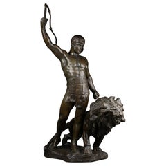 Vintage Jean Verschneider : "Gladiator leading a lion", Bronze sculpture, C.1940