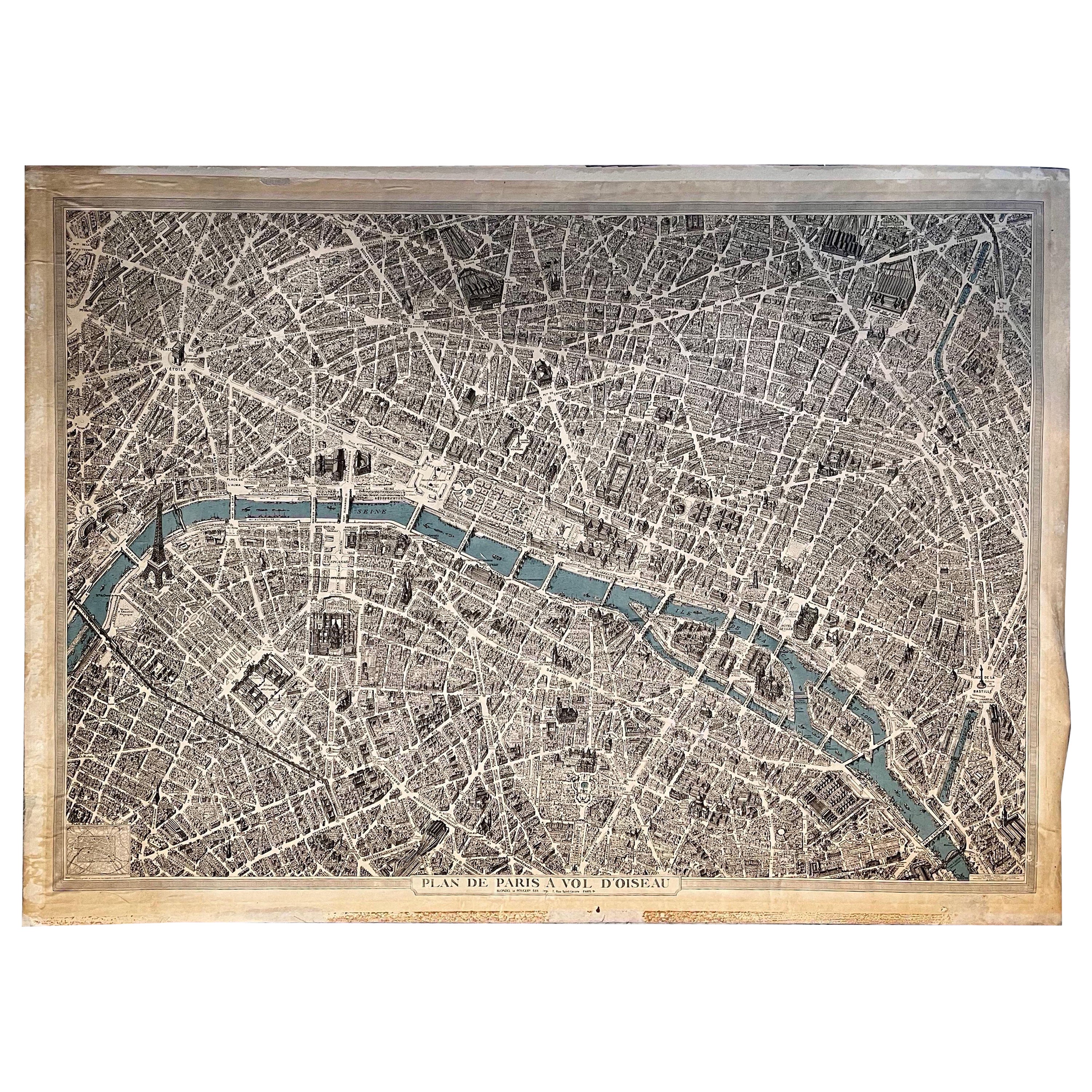Vintage Map of Paris "Plan De Paris A Vol. D'Oiseau" by Blondel la Rougery, 1959 For Sale