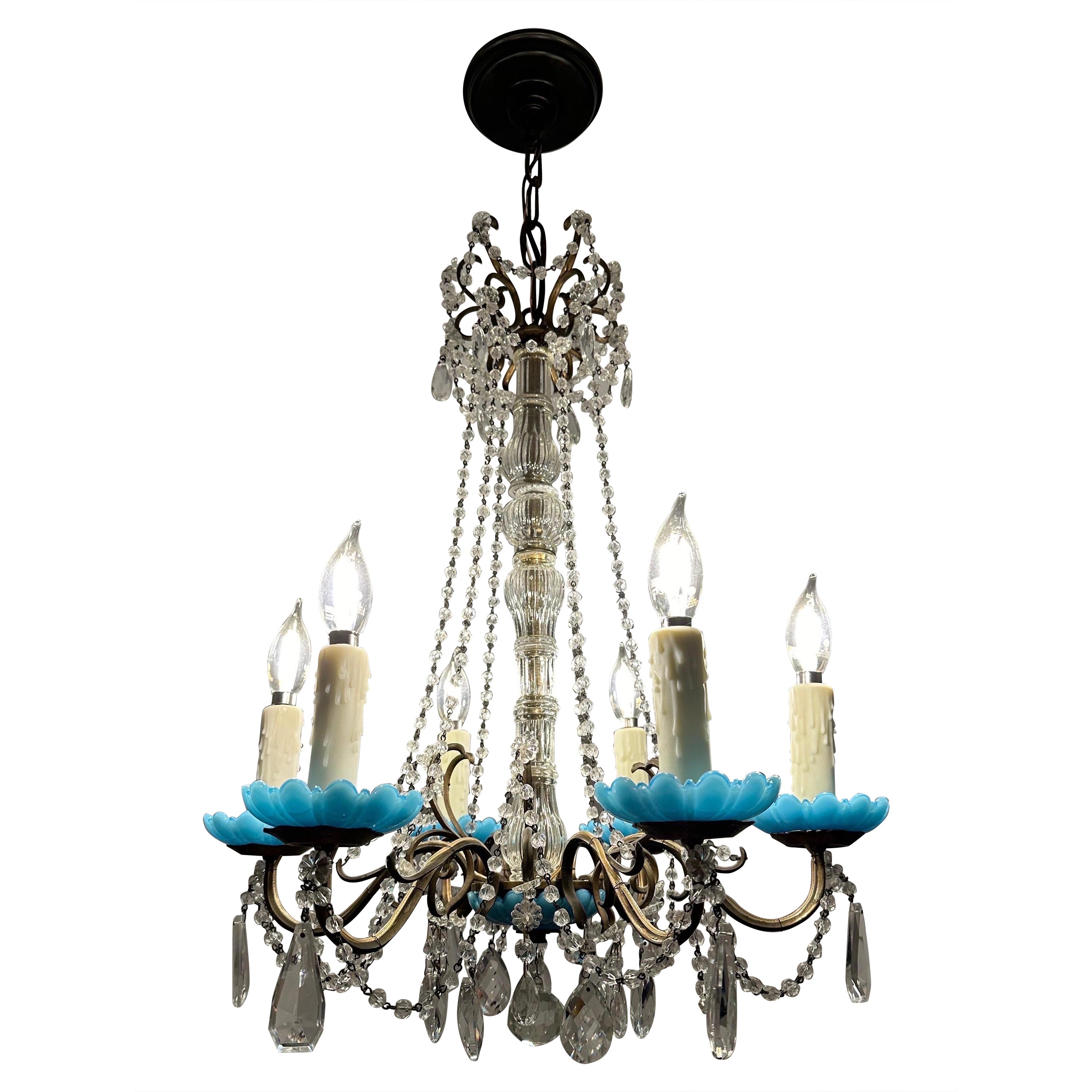 Rare and unique 18th century French crystal chandelier with blue accent.  For Sale